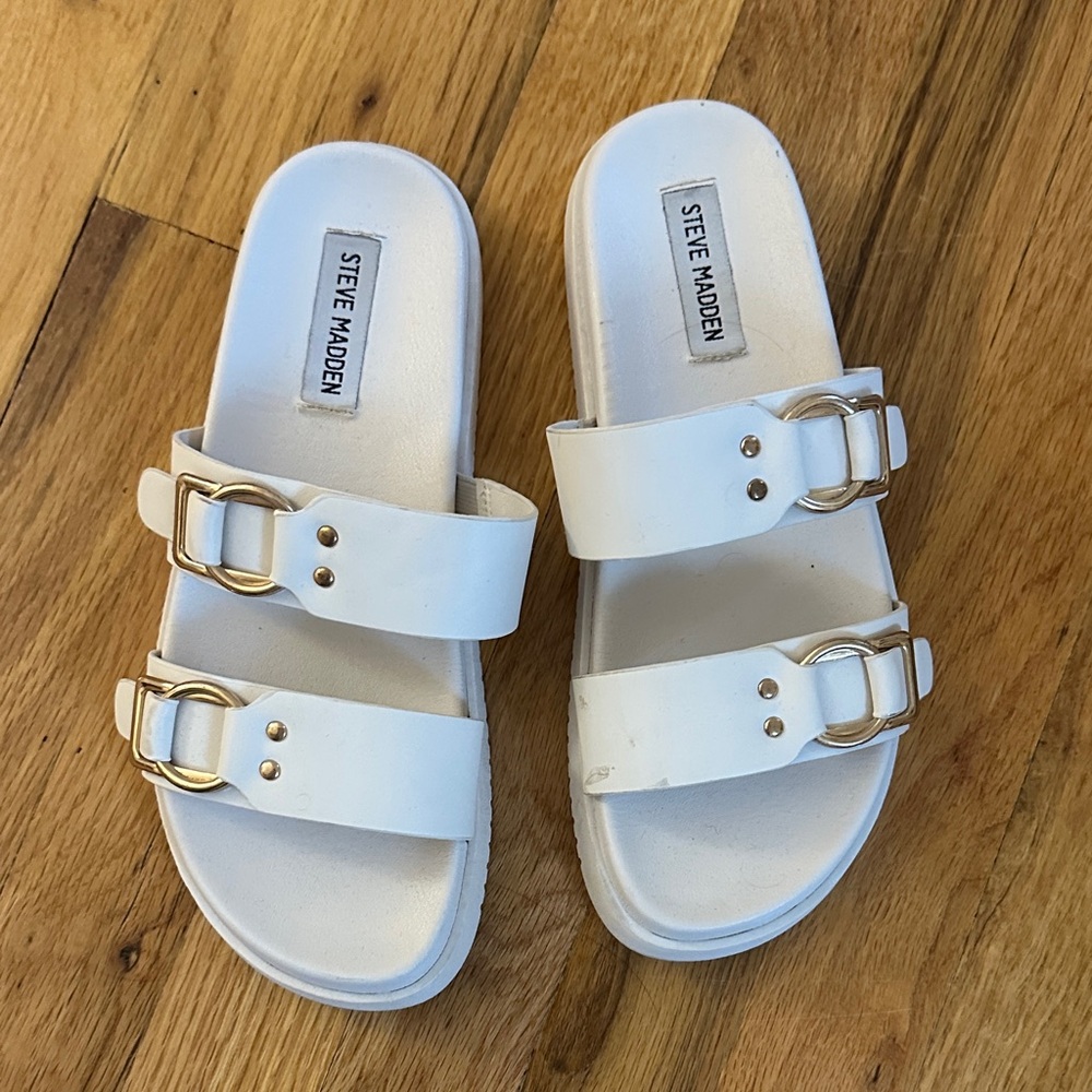 Steve Madden White Slides with Gold Accents